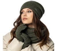 Vivisence Conjunto De Invierno para Mujeres Que Incluye Gorro Bufanda Redonda Y Guantes con Ribete Ancho Hecho De Hilo Cálido Ideal para El Frío, Melange Verde,Talla Única