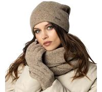 Vivisence Conjunto De Invierno para Mujeres Que Incluye Gorro Bufanda Redonda Y Guantes con Ribete Ancho Hecho De Hilo Cálido Ideal para El Frío, Melange Beige,Talla Única
