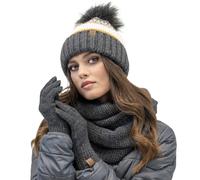 Vivisence Conjunto De Moda De Invierno Que Incluye Gorro con Pompón, Bufanda Redonda Y Guantes De Cinco Dedos Hechos De Hilo Cálido con Detalles Elegantes Ideal para Días, Gris Oscuro,Talla Única