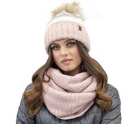 Vivisence Conjunto Gorro con Pompón Y Bufanda Redonda para Mujeres De Invierno De Plegado Doble Hecho De Hilo Cálido con Detalles Elegantes Ideal para Días Fríos, Rosa,Talla Única