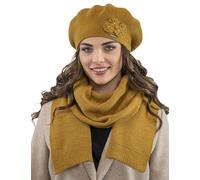 Vivisence De Boina Y Bufanda para Mujer Conjunto Elegante Ideal para Invierno con Aplique Decorativo Diseño Clásico 7006Kmpl, Miel,Talla Única