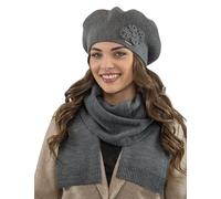 Vivisence De Boina Y Bufanda para Mujer Conjunto Elegante Ideal para Invierno con Aplique Decorativo Diseño Clásico, Gris Oscuro,Talla Única