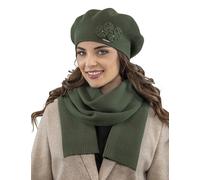 Vivisence De Boina Y Bufanda para Mujer Conjunto Elegante Ideal para Invierno con Aplique Decorativo Diseño Clásico 7006Kmpl, Verde,Talla Única