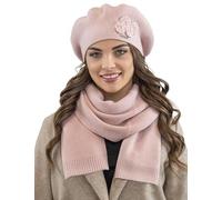 Vivisence De Boina Y Bufanda para Mujer Conjunto Elegante Ideal para Invierno con Aplique Decorativo Diseño Clásico, Rosa Claro,Talla Única