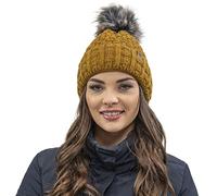 Vivisence Gorro Invernal para Mujeres De Punto Elegante con Corte Clásico Hecho De Hilo Cálido con Pompón Y Forro Interior Ideal para Los Días Fríos De Invierno, Amarillo Oscuro,Talla Única