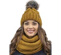 Vivisence Gorro Y Bufanda De Otoño Invierno para Mujer Tubo con Forro Polar Interior Corte Clásico Diseño Elegante con Pompón De Piel Sintética 7014Kmpl, Amarillo Oscuro,Talla Única