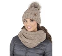 Vivisence Gorro Y Bufanda De Otoño Invierno para Mujer Tubo con Forro Polar Interior Corte Clásico Diseño Elegante con Pompón De Piel Sintética 7014Kmpl, Beige,Talla Única