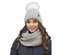 Vivisence Gorro Y Bufanda De Otoño Invierno para Mujer Tubo con Forro Polar Interior Corte Clásico Diseño Elegante con Pompón De Piel Sintética 7014Kmpl, Melange Beige,Talla Única
