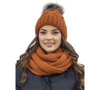 Vivisence Gorro Y Bufanda De Otoño Invierno para Mujer Tubo con Forro Polar Interior Corte Clásico Diseño Elegante con Pompón De Piel Sintética 7014Kmpl, Naranja,Talla Única
