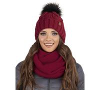 Vivisence Gorro Y Bufanda De Otoño Invierno para Mujer Tubo con Forro Polar Interior Corte Clásico Diseño Elegante con Pompón De Piel Sintética 7014Kmpl, Burdeos,Talla Única