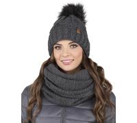 Vivisence Gorro Y Bufanda De Otoño Invierno para Mujer Tubo con Forro Polar Interior Corte Clásico Diseño Elegante con Pompón De Piel Sintética 7014Kmpl, Gris Oscuro,Talla Única
