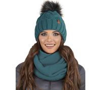 Vivisence Gorro Y Bufanda De Otoño Invierno para Mujer Tubo con Forro Polar Interior Corte Clásico Diseño Elegante con Pompón De Piel Sintética 7014Kmpl, Turquesa Oscuro,Talla Única
