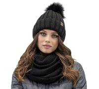 Vivisence Gorro Y Bufanda Redonda De Mujer para Otoño E Invierno Conjunto De Moda con Pompon Forro Polar Interior Material Suave Diseño Plegable con Parches De Cuero Ecológico, Negro,Talla Única