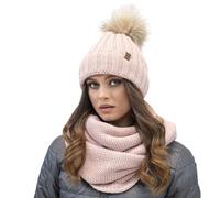 Vivisence Gorro Y Bufanda Redonda De Mujer para Otoño E Invierno Conjunto De Moda con Pompon Forro Polar Interior Material Suave Diseño Plegable con Parches De Cuero Ecológico, Rosa,Talla Única