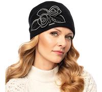 Vivisence Invierno Gorro para Mujeres Hecho A Mano con Lana Calidad Y Decoraciones Florales Únicas Proteger del Frío Durante El Invierno, Negro,Talla Única