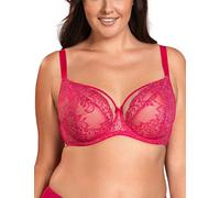 VIVISENCE Sujetador con Aros Encaje Transparente Carcasa Completa No Extraíble Tirantes Media Media Lateral Malla Elástica, Fucsia, 90C