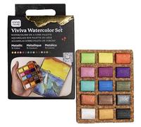 Viviva VV276052 - Juego de acuarelas (15 colores vivos, resistentes a la luz y a la luz, en tazones sobre paletas de corcho, para exteriores y viajes, 15 colores metálicos)