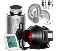 VIVOSUN Ventilador en Línea 100mm Extracción 323m³/h con Regulador Velocidad Filtro Carbón 100mm Conducto 760cm Medidor Temperatura Humedad para Tendas Cultivo e Invernaderos