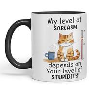 Vixar My Level of Sarcasm Depends on Your Level of Stupidity Cat Joke Taza de cerámica de colores para té, café y preparación caliente, 330 ml (negro)