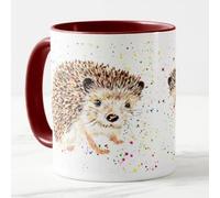 Vixar Taza con diseño de erizo británico de vida silvestre pintada a mano con acuarela, taza de regalo de cumpleaños, trabajo, oficina, Navidad, té, café (granate)