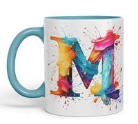 Vixar Taza con letra M, letra M, monograma de acuarela, taza de cerámica de colores para té, café, café caliente, 330 ml, regalo (turquesa)