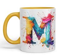 Vixar Taza con letra M, letra M, monograma de acuarela, taza de cerámica de colores para té, café, café caliente, 330 ml, regalo (G amarillo)
