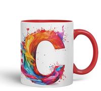 Vixar Taza de cerámica con letra C, monograma de letra C, acuarela, taza de cerámica de colores para té, café, preparación caliente, 330 ml, regalo (rojo)