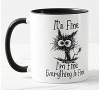 Vixar Taza de colores con texto en inglés It's Fine I'm Fine Everything is Fine Cat Joke para regalo de cumpleaños, trabajo, oficina, Navidad, té, café (negro)