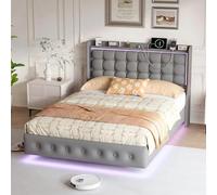 VixorLuilith Cama de 140 x 200 cm, LED/USB, cama tapizada flotante, cama doble, cabecero de cama, cabecero de cama, válido para personas, valor estético, creación de un ambiente agradable, cómoda