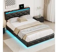 VixorLuilith Cama tapizada de 160 x 200 cm con función de carga USB y cabecero LED, marco doble con somier, cama juvenil, cama funcional, material de piel, sin colchón, negro (160 x 200 cm)