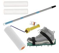 VKE Rodillo de Púas Autonivelante 23 cm - Espinas 14 mm, Autonivelante, 2 Rodillo Pintura 23 cm, Palo Telescopico 1,5 m, Zapatos Aireador para Cesped 30 mm, Herramientas para Autonivelante - 1 Asa