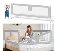 Vkechh Barrera de Cama para Niños 180 cm, Barandilla de Seguridad Abatible con Altura Regulable 64-96 cm, Protección Anticaídas con Doble Botón y Malla Transpirable, fácil Montaje, Gris