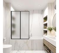 Vkechh Mampara de ducha para bañera de 100 x 140 cm, 2 piezas, plegable de plástico PS irrompible, mampara de ducha con marco de aluminio negro, protector contra salpicaduras con estructura mate a