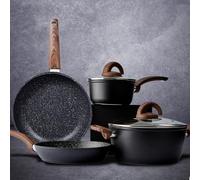 Vkoocy Juego de ollas y sartenes antiadherentes, juego de utensilios de cocina de cerámica con patrón de granito, olla y sartén de inducción con sartenes, cacerolas, cazuela, no tóxico, sin