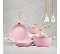 Vkoocy Juego de ollas y sartenes antiadherentes, juego de utensilios de cocina de cerámica saludable, 12 ollas de cocina y sartenes para saltear, sin PFAS con utensilios de cocina y tapa, color rosa
