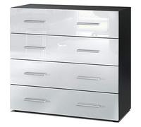 Vladon Cajonera Pavos, Cómoda con 4 Cajones, Negro Mate/Blanco de Alto Brillo (76 x 72 x 35 cm)