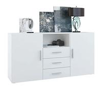 Vladon Cajonera Skadu, Cómoda con 2 Puertas, 3 Cajones y 1 Compartimento Abierto, Blanco Mate/Blanco Mate (139 x 72 x 35 cm)