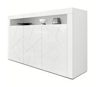 Vladon Cajonera Valencia, Cómoda con 3 Puertas y 1 Compartimento Abierto, Blanco Mate/Blanco de Alto Brillo Elemento Estructura 3D/Blanco de Alto Brillo (155 x 92 x 40 cm)