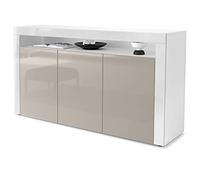 Vladon Cajonera Valencia, Cómoda con 3 Puertas y 1 Compartimento Abierto, Blanco Mate/Gris Arena de Alto Brillo/Blanco de Alto Brillo (155 x 92 x 40 cm)