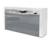 Vladon Cajonera Valencia, Cómoda con 3 Puertas y 1 Compartimento Abierto, Blanco Mate/Gris de Alto Brillo/Blanco de Alto Brillo (155 x 92 x 40 cm)