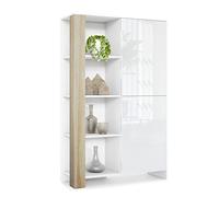 Vladon Canto highboard, Armario Alto con 2 Puertas y 8 Compartimentos, Carcasa Blanco Mate, frentes Blanco Brillo Intenso, Paneles Decorativos Roble áspero (95 x 151,5 x 36 cm)