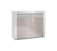 Vladon Cómoda Valencia, Cajonera con 2 Puertas y 1 Compartimento Abierto, Blanco Mate/Gris Arena de Alto Brillo/Blanco de Alto Brillo (108 x 92 x 40 cm)