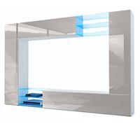 Vladon Mueble de salón Mirage, 2 Puertas, 2 Puertas abatibles y 6 Estantes de Cristal Abiertos, Blanco Mate/Gris Arena de Alto Brillo incluida iluminación LED (262 x 183 x 39 cm)