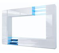 Vladon Mueble de salón Mirage, 2 Puertas, 2 Puertas abatibles y 6 Estantes de Cristal Abiertos, Blanco Mate/Blanco de Alto Brillo incluida iluminación LED (262 x 183 x 39 cm)