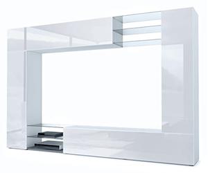 Vladon Mueble de salón Mirage, 2 Puertas, 2 Puertas abatibles y 6 Estantes de Cristal Abiertos, Blanco Mate/Blanco de Alto Brillo (262 x 183 x 39 cm)