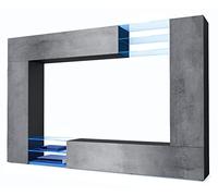 Vladon Mueble de salón Mirage, 2 Puertas, 2 Puertas abatibles y 6 Estantes de Cristal Abiertos, Negro Mate/Hormigón Oscuro incluida iluminación LED (262 x 183 x 39 cm)