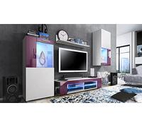 Vladon Mueble de salón Movie, Compuesto por 1 Mesa de Tele, 2 Vitrinas y 1 Estantería, Blanco Mate/Zarzamora de Alto Brillo, incluida iluminación LED Azul (Completo: 300 x 190 x 39 cm)