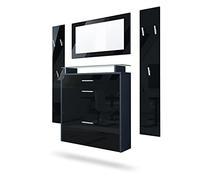 Vladon Mueble recibidor Malea, Mueble de Entrada Compuesto por 1 Zapatero Colgante, 1 Espejo de Pared y 2 Percheros, Antracita Mate/Negro de Alto Brillo