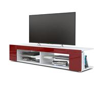 Vladon Mueble TV Movie, Cómoda TV con 4 Compartimentos Abiertos y Franjas Decorativas, Blanco Mate/Burdeos de Alto Brillo (134 x 29 x 39 cm)