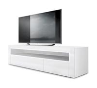 Vladon Mueble TV Valencia, Cómoda TV con 1 Compartimento Abierto y 2 Puertas abatibles, Blanco Mate/Blanco de Alto Brillo/Blanco de Alto Brillo (155 x 46 x 40 cm)